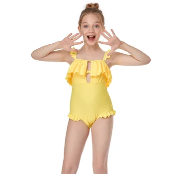 Bērniem Meiteņu Peldkostīms Svaigu Cieto Krāsu Viengabala Ruffles Dobi Backless Zeķu Trīsstūris Peldkostīms Viens Gabals Bikini