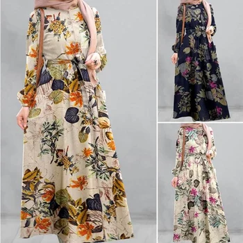 Musulmaņu Modes Lina Kleita Sievietēm, Plus Lieluma Vasaras Modes Vērtnēm Ar Garām Piedurknēm Zaudēt Gadījuma Gara Kleita Lugentolo