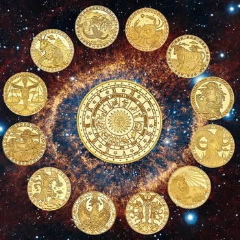 12 Zodiaka Zvaigznājiem Zelta Pārklājumu Kolekcionējamus Monētas Oriģinālu Monētu Kopums Turētājs Challenge Monētas Radošo Dāvanu, Suvenīru