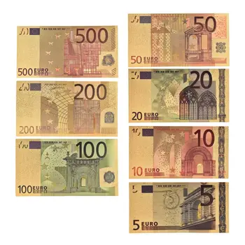 7Pcs 5 10 20 50 100 200 500 EUR Zelts Banknošu 24K Zeltu, Viltus Papīra Naudu, lai Kolekcija Euro Banknošu Komplekti