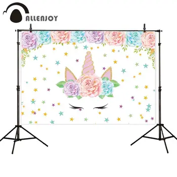 Allenjoy fotogrāfijas fona unicorn krāsains ziedu zvaigznes, bērnu dzimšanas dienas svinības fons, photocall foto atvašu prop
