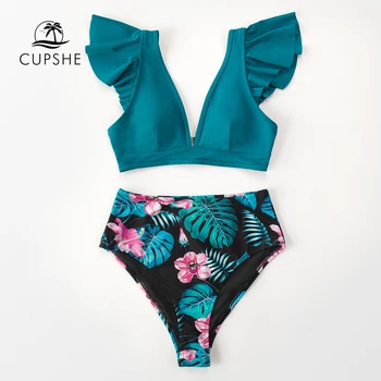 CUPSHE Krīklis Ziedu Mežģīņu Augsto Vidukli, Bikini Komplekti Sexy V-neck Peldkostīmu Divi Gabali Peldkostīmi Sievietēm Ir 2021. peldkostīmu Beachwear