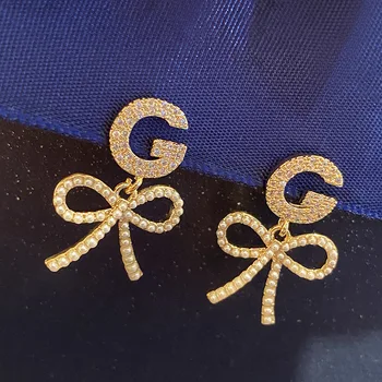 Dubultā GG Vēstuli AAA Kubikmetru Zircon pērlīte Loku Auskari Zelta Krāsā Sieviešu Temperaments Moderns Dizaineru Zīmolu Rotaslietām