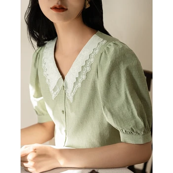INMAN Dzīslu Zaļā Blūze Dāma Artsy Vintage Guaze Savukārt Apkakle Sieviešu Apģērbu Elegantu Vasaras Īso Puff Piedurknēm Topi Krekls