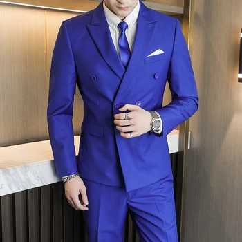 Ir 2021. Modes Jaunu Vīriešu Ikdienas Biznesa Dubultā Krūtīm, 2 Gab Uzvalks Set / Vīriešu Slim vienkrāsainu Kāzu Bleizeri, Žaketes Bikses Mētelis