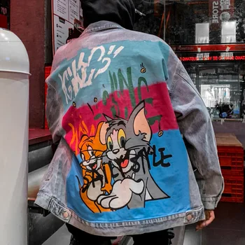 Karikatūra grafikas džinsa jaka vīriešu atpakaļ izdrukāt streetwear Harajuku grafiti anime mētelis zaudēt retro tatted punk rock apģērbi