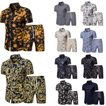 Modes Ziedu Drukāt Krekli+Šorti Vīrieši, kas Īsām Piedurknēm Krekli Gadījuma Vīrieši Hawaii Apģērbs Atbilstu Tracksuit Plus Lieluma Kleita krekls