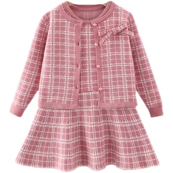New Boutique Baby Girl Apģērbu Komplekts Ir 2021. Rudens Ziemas Meiteņu Modes Pleds Džemperis Top Ar Kleitu 2GAB Bērnu Trikotāžas Uzvalks