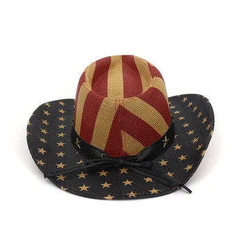 Sieviešu Cepures, Salmu Liels Malām Drukāt Amerikāņu Karogu Vintage Vīriešu Cepures Panama Āra Gadījuma Rietumu Kovboju Vasaras Saules Aizsardzības Cepures