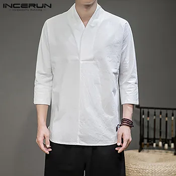 Vintage Vīriešu Krekls ar 3/4 Piedurknēm Solid V Kakla Retro Atpūtas Pavasara Ķīniešu Stila Krekli Ikdienas Camisa Masculina Streetwear INCERUN