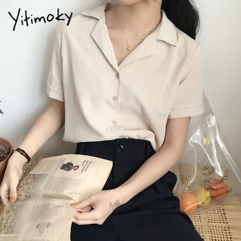 Yitimoky Balts Krekls Sievietēm Šifona Korejiešu Stila Apģērbu Šiks Cietā Īsām Piedurknēm Blūze Vasaras Biroja Dāma Modes Gadījuma Topi